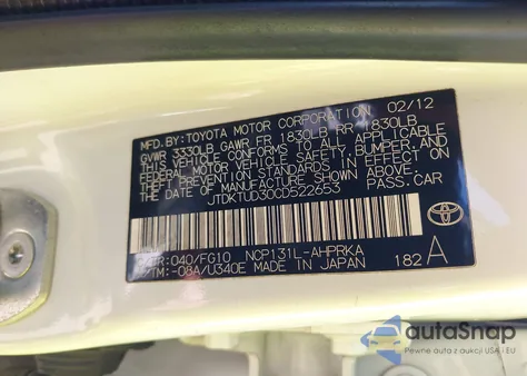 2012 Toyota Yaris Le from USA, damaged, VIN JTDKTUD30CD522653